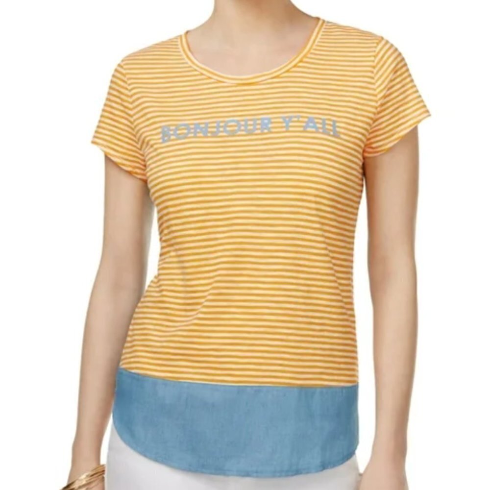 Bonjour Y’all Orange and White Striped Graphic Top